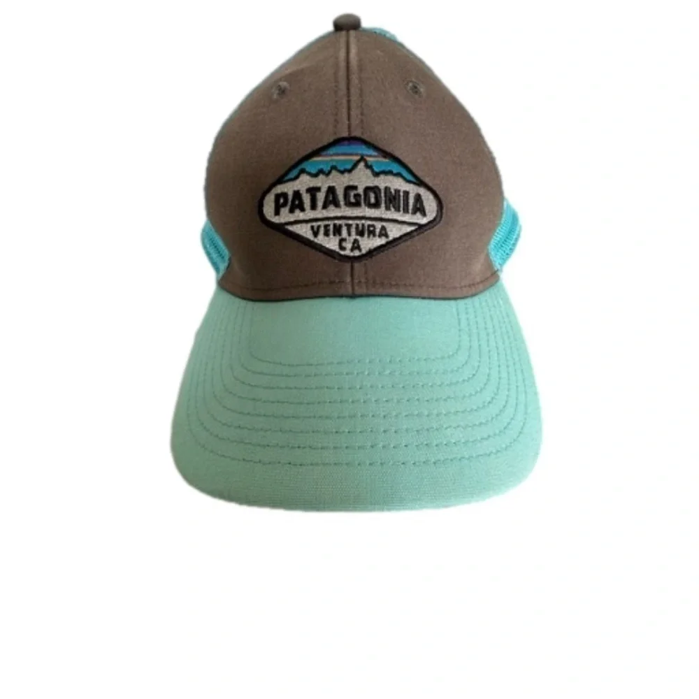 Patagonia Hat Cap Snap Back Adjustable Trucker Mesh Back Logo Aqua Beige…